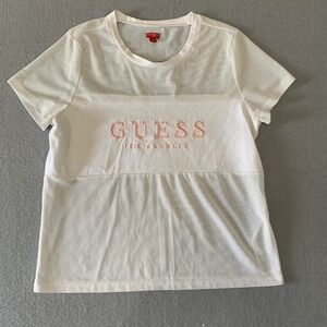 Guess white‎ mesh with pink logo t-shirt Size M
